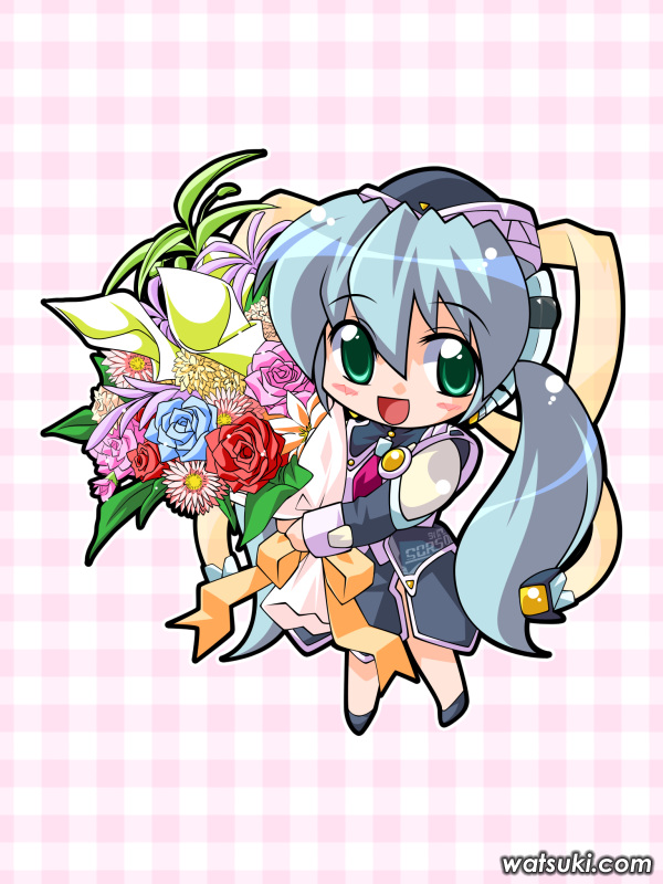 watsuki ayamo, hoshino yumemi, planetarian, 00s, 1girl, blue hair, blush, bouquet, chibi, chibi only, dress, female focus, flower, green eyes, hair between eyes, hat, holding, long hair, long sleeves, long twintails, open mouth, shoes, smile, solo, standing, twintails, very long hair, watermark, web address