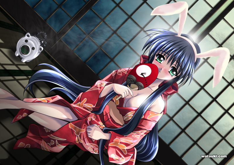 watsuki ayamo, kawasumi mai, kanon, 1girl, animal ears, animal print, aqua eyes, barefoot, blue hair, blush, bow, breasts, cleavage, dutch angle, fake animal ears, female focus, hair bow, hand fan, holding, indoors, japanese clothes, kimono, long hair, looking at viewer, medium breasts, night, no bra, off shoulder, open clothes, open kimono, paper fan, rabbit ears, rabbit print, red bow, shadow, shouji, sitting, sliding doors, solo, uchiwa, very long hair, watermark, web address, yukata