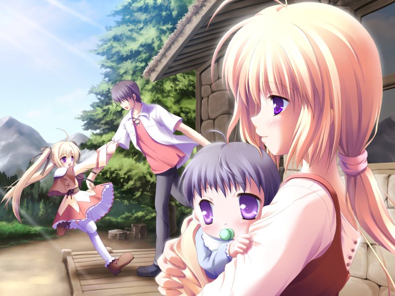 komatsu eiji, akachan, mint lentil, majo2, majokko a la mode 2, game cg, 1boy, 2girls, ahoge, baby, black hair, blonde hair, family, hair ribbon, long hair, multiple girls, pacifier, ponytail, purple eyes, ribbon, skirt, thighhighs, twintails