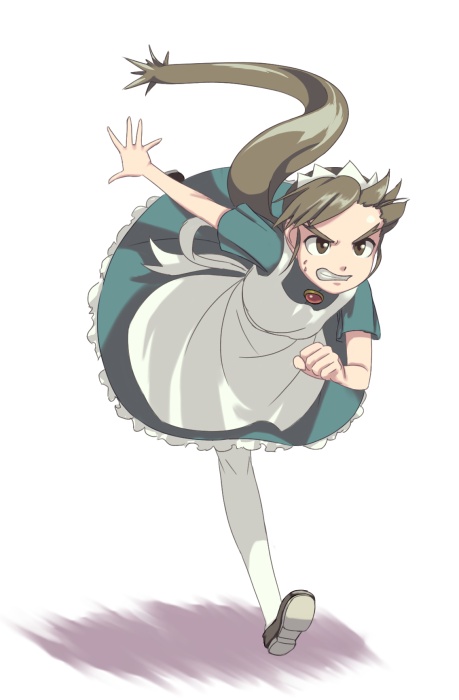 modoi, futaba channel, nijiura maids, 1girl, black shoes, female focus, maid, maid headdress, pantyhose, ponytail, running, shoes, solo