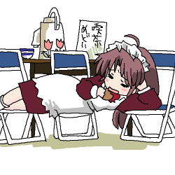 nemui, futaba channel, nijiura maids, animated, animated gif, lowres, 1girl, accident, brown hair, female focus, long hair, simple background, solo, white background