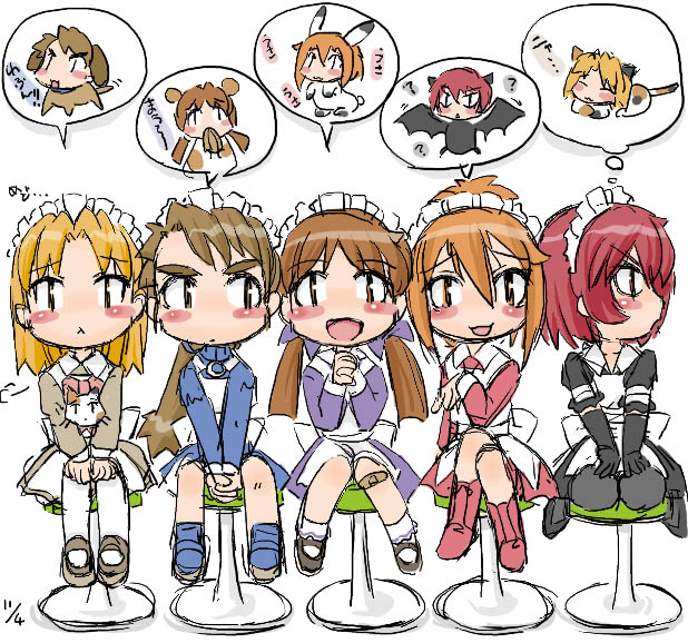 hidoi, kudoi, madoi, medoi, modoi, futaba channel, ichigo mashimaro, nijiura maids, 5girls, animalization, bat (animal), blonde hair, boots, brown hair, cat, dog, hamster, long sleeves, multiple girls, pink boots, ponytail, rabbit, red hair, speech bubble, thought bubble, twintails