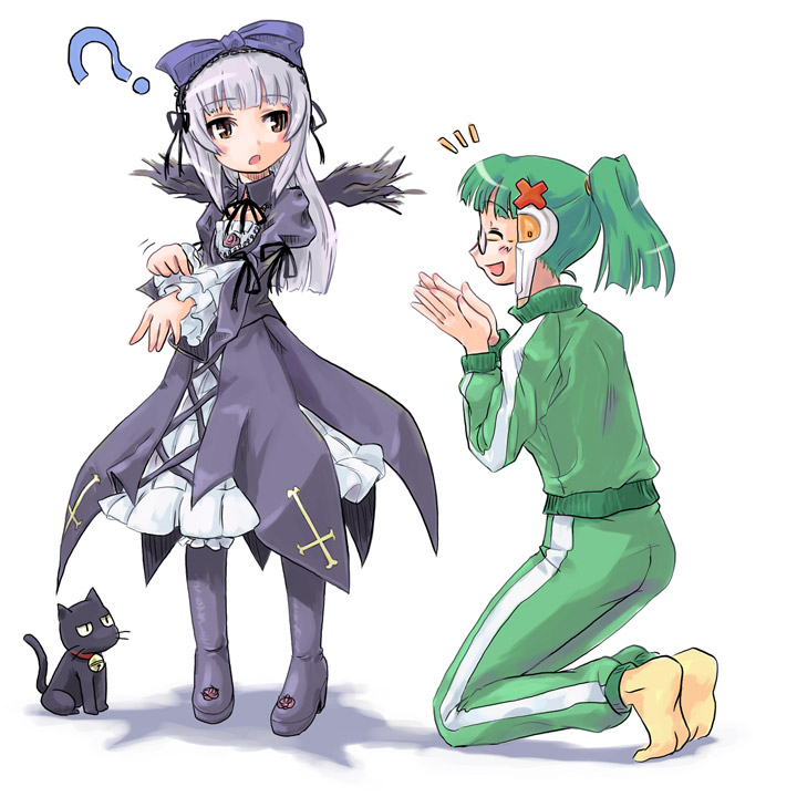 ugai yuichi, 3.1-tan, dos cat, homeko, suigintou, xp home-tan, xphome, os-tan, rozen maiden, 2girls, ?, barefoot, cosplay, full body, green hair, kneeling, multiple girls, parody, standing, suigintou (cosplay), track suit