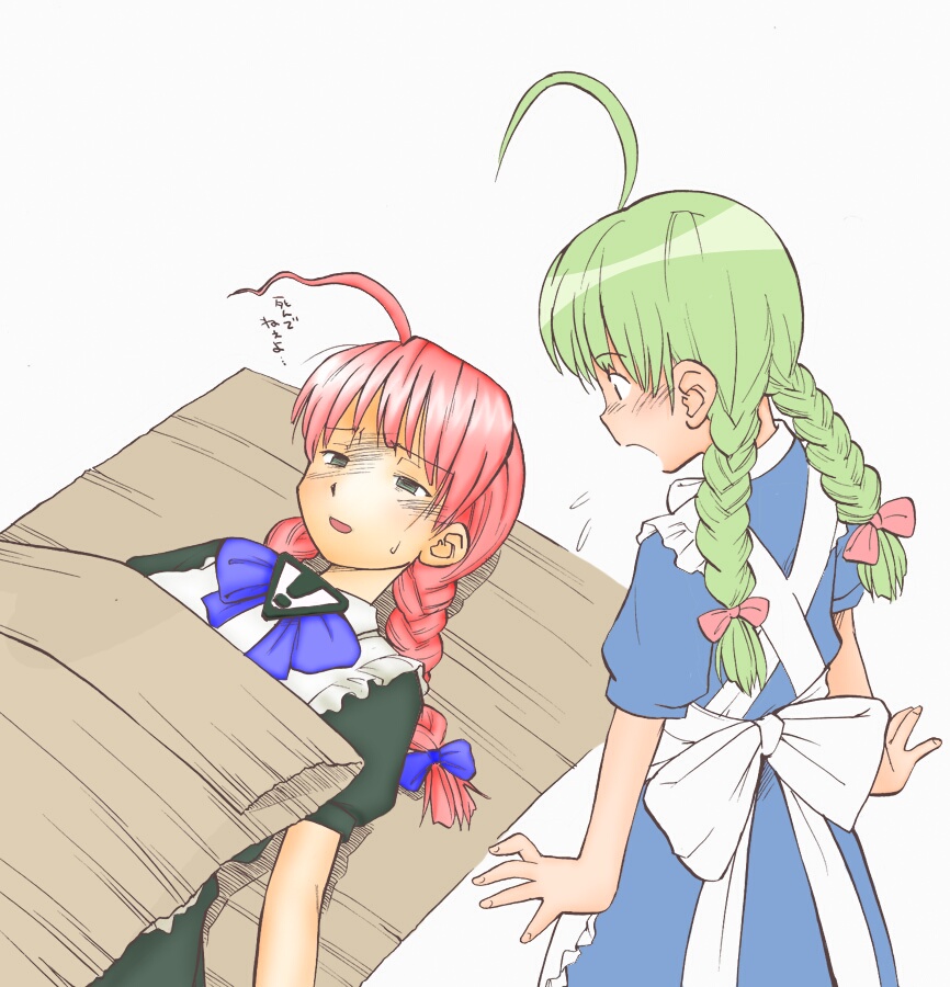 me-tan, we-tan, os-tan, 2girls, ahoge, apron, bow, braid, green hair, hair ribbon, long hair, maid, maid apron, multiple girls, open mouth, red hair, ribbon, twin braids