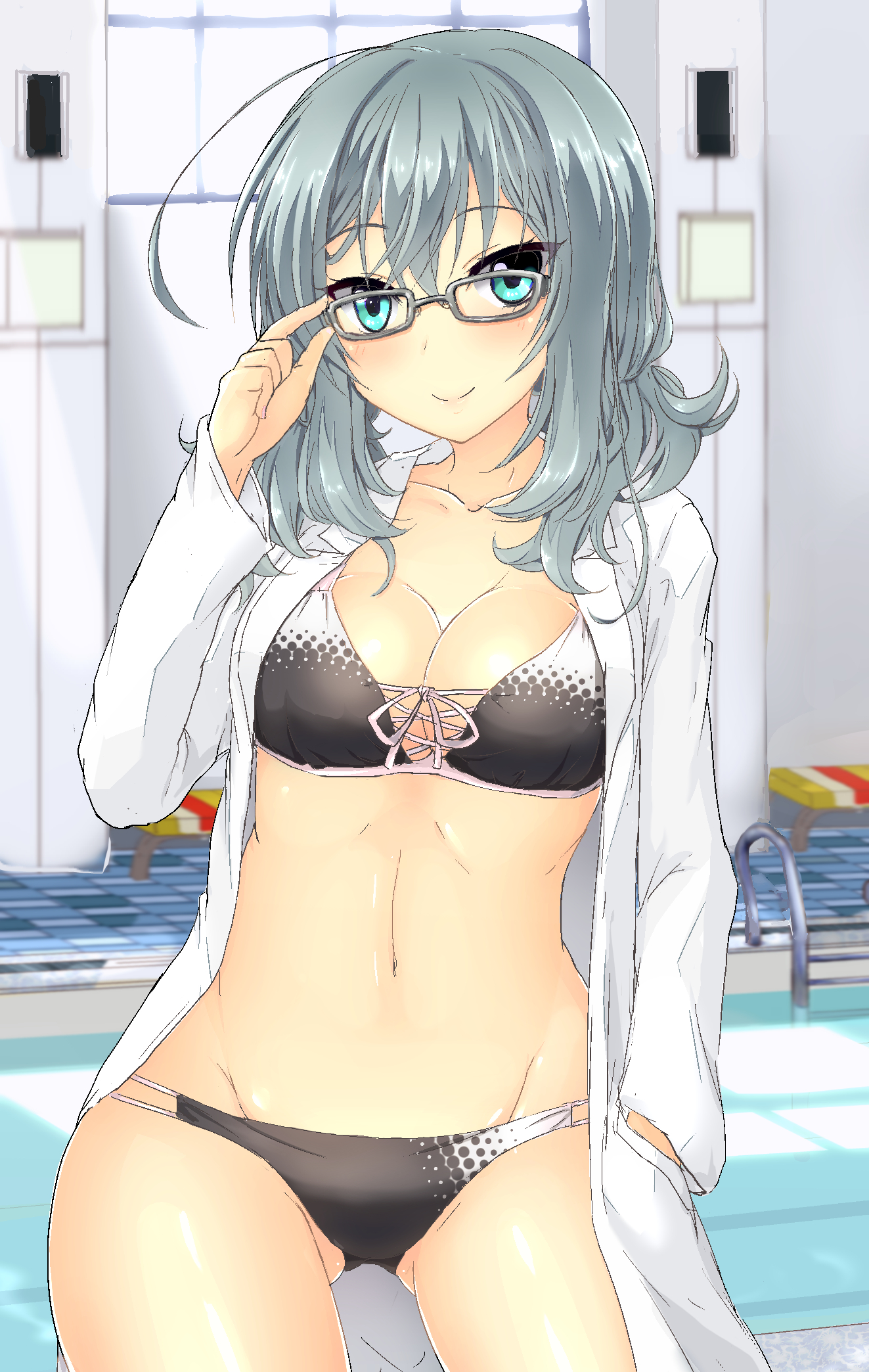 karukan (karukann), shikibe mayu, riddle joker, commentary request, highres, 1girl, adjusting eyewear, aqua eyes, aqua hair, arm at side, bikini, black bikini, blush, breasts, cleavage, closed mouth, coat, collarbone, cowboy shot, cowlick, crossed bangs, eyelashes, glasses, gluteal fold, groin, hair between eyes, hand in pocket, hand up, indoors, lab coat, large breasts, long hair, long sleeves, looking at viewer, navel, official alternate costume, open clothes, open coat, poolside, shiny skin, smile, solo, split mouth, stomach, swimsuit
