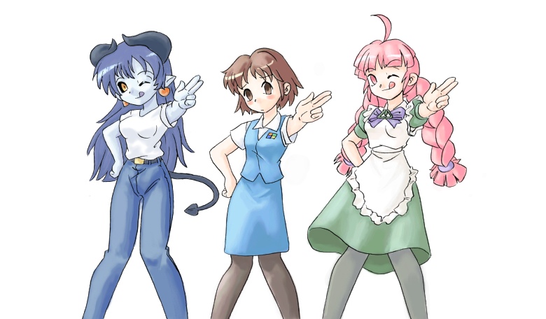 astaroth (shinrabanshou), we-tan, yamada-san, futaba channel, jinki, shinrabanshou, black legwear, 3girls, :q, ;p, belt, black sclera, blue hair, blue skin, blush, braid, brown hair, casual, colored sclera, colored skin, crossover, demon tail, denim, dress, earrings, hand on own hip, heart, heart earrings, horns, jeans, jewelry, long hair, looking at viewer, maid, multiple girls, office lady, one eye closed, pants, pantyhose, parody, pencil skirt, pink hair, pointing, shirt, short hair, simple background, skirt, smile, t-shirt, tail, tongue, tongue out, twin braids, white background, wink