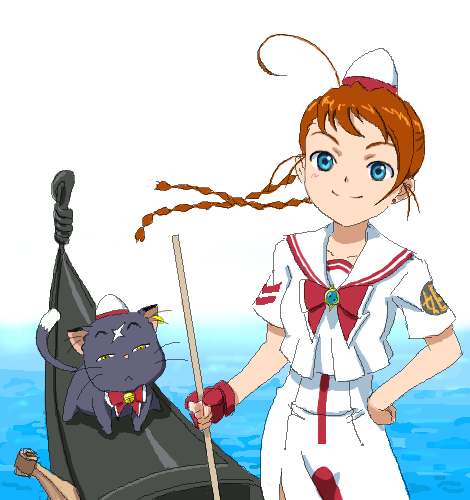 aika granzchesta, arika yumemiya, hime granzchesta, mikoto (my-otome), minagi mikoto, aria (manga), my-otome, uniform, lowres, 1girl, ahoge, aika granzchesta (cosplay), animal, black cat, blue eyes, boat, braid, brown hair, cat, cosplay, crossover, female focus, fingerless gloves, gloves, gondola, hand on own hip, hat, hip focus, long hair, oekaki, parody, red gloves, red hair, smile, solo, twin braids, twintails, water, watercraft
