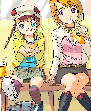 arika yumemiya, tokiha mai, my-otome, lowres, 00s, 2girls, against wall, belt, bench, black skirt, black socks, boots, braid, brown hair, casual, cup, drinking, drinking straw, green eyes, hat, jacket, jewelry, knee boots, kneehighs, leg up, long sleeves, looking at viewer, looking to the side, multiple girls, necklace, oekaki, open clothes, open jacket, over-kneehighs, pencil skirt, pendant, purple eyes, shoe soles, short hair, single braid, sitting, skirt, sleeves past wrists, socks, thighhighs, window, zettai ryouiki