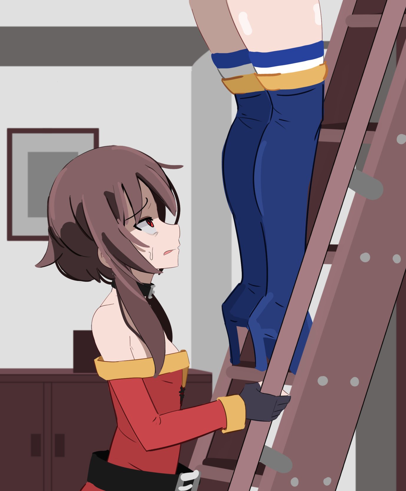 kurokimoko, aqua (konosuba), megumin, kono subarashii sekai ni shukufuku wo!, the naked gun (series), highres, 2girls, black gloves, blue boots, blue shoes, boots, breasts, brown hair, gloves, looking up, multiple girls, off shoulder, red eyes, shoes, small breasts, stairs, thigh boots, thighs