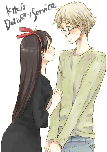 kiki (majo no takkyuubin), tombo (majo no takkyuubin), majo no takkyuubin, studio ghibli, 1980s (style), 1boy, 1girl, aged up, black hair, blonde hair, blush, copyright name, dress, glasses, hairband, long hair, oldschool, retro artstyle, short hair, simple background, white background