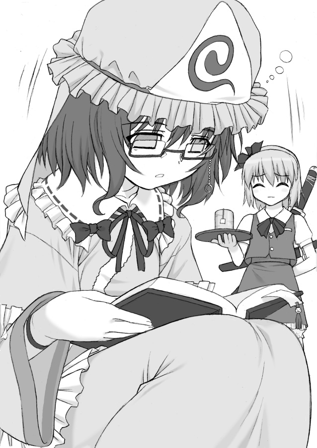 shichimenchou, konpaku youmu, saigyouji yuyuko, touhou, 2girls, bespectacled, book, crossover, glasses, greyscale, hat, monochrome, multiple girls, parody, triangular headpiece