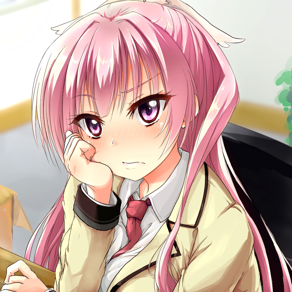 karukan (karukann), mitsukasa ayase, riddle joker, commentary request, 1girl, :/, between breasts, blunt bangs, blurry, blurry background, blush, breasts, chair, clenched hand, closed mouth, collared shirt, eyelashes, eyes visible through hair, frown, hair between eyes, hair ornament, hand on own cheek, hand on own face, hand up, indoors, jacket, lips, long hair, long sleeves, looking at viewer, necktie, necktie between breasts, nose blush, on chair, open clothes, open jacket, pink hair, purple eyes, red necktie, shirt, sitting, solo, straight hair, tsurime, upper body, v-shaped eyebrows, white shirt, wing hair ornament, yellow jacket