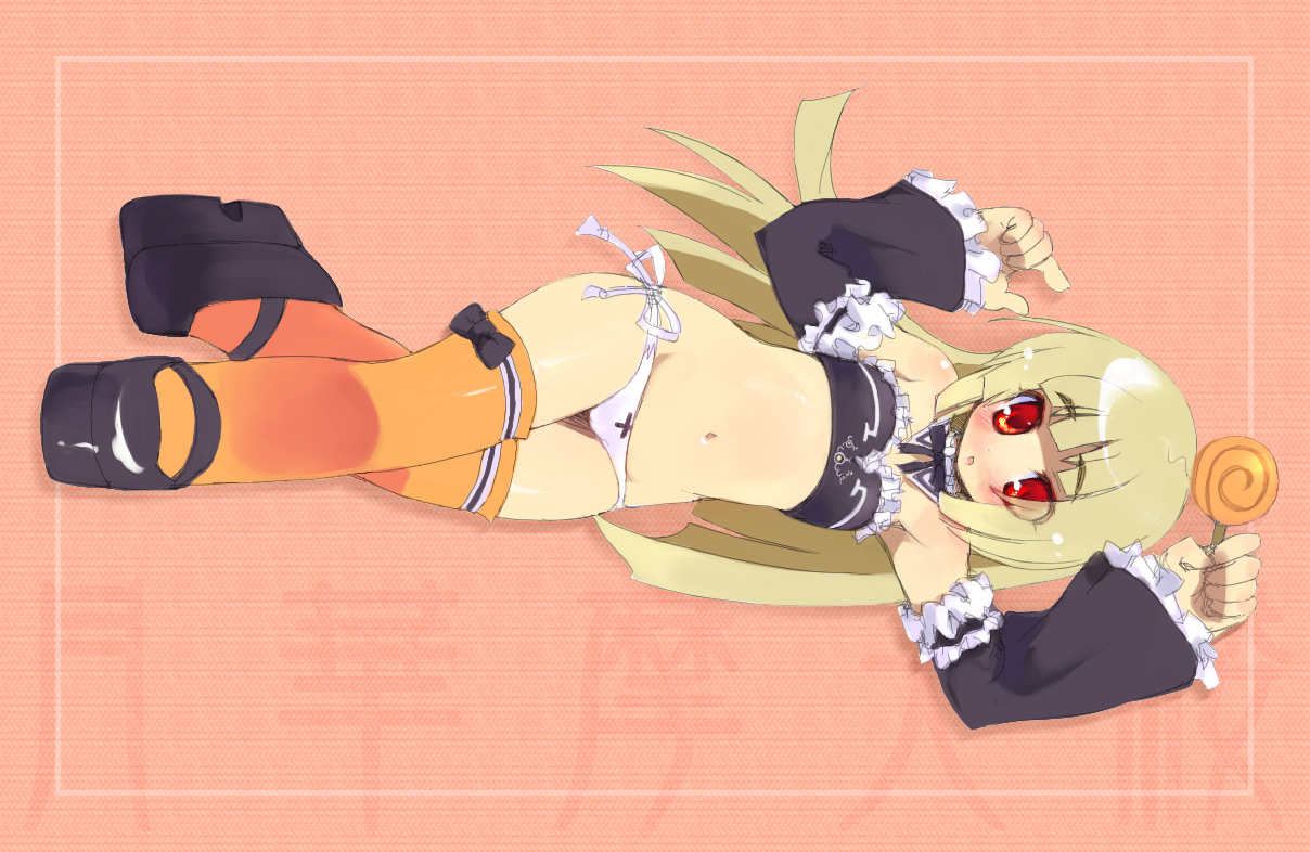 amasa mitsunaru, ingrid (capcom), capcom, capcom fighting jam, has artifacted revision, has bad revision, jpeg artifacts, 1girl, armpits, bare shoulders, bikini, blonde hair, blush, breasts, cameltoe, candy, cleavage, collar, covered erect nipples, detached collar, detached sleeves, female focus, food, frills, gloves, hat, high heels, kneehighs, lingerie, lollipop, long hair, lowleg, lowleg panties, lying, mary janes, midnight bliss, navel, nipples, on back, orange thighhighs, panties, print panties, red eyes, shoes, side-tie panties, small breasts, socks, solo, swimsuit, swirl lollipop, thighhighs, underwear, white panties