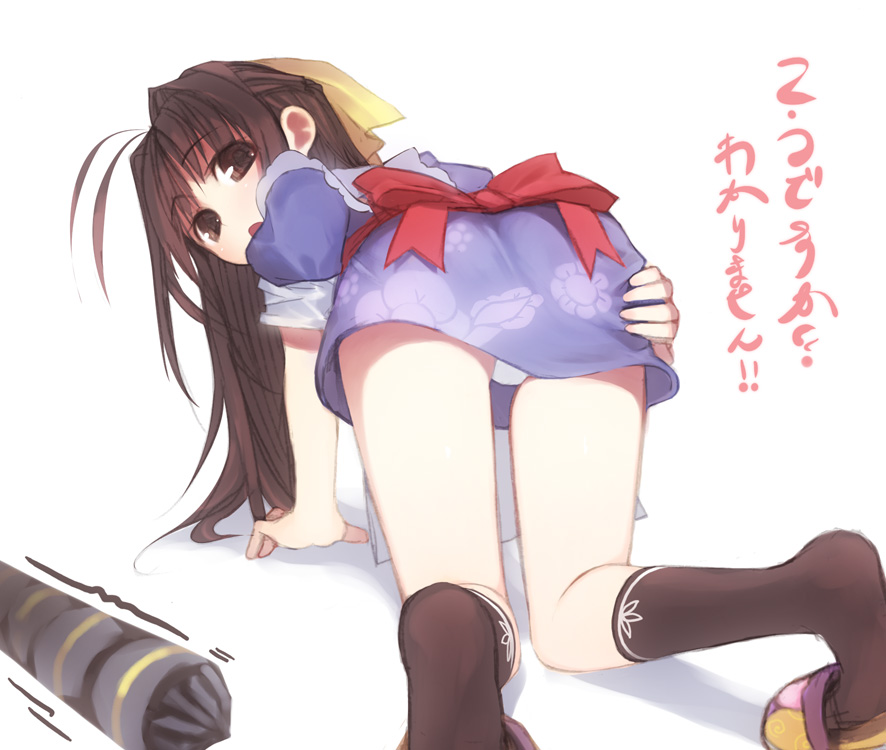 kashiwamochi yomogi, translated, 1girl, all fours, apron, bent over, black socks, bow, brown eyes, brown hair, dress, female focus, hair bow, koudesuka, long hair, panties, pantyshot, short dress, socks, solo, underwear, white panties