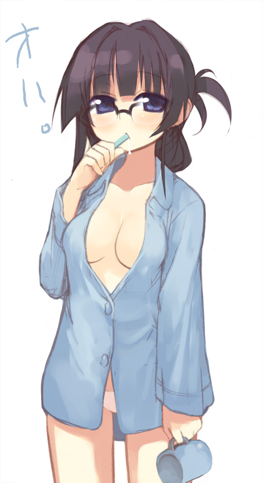 kashiwamochi yomogi, 1girl, black hair, blue eyes, breasts, brushing teeth, cup, female focus, glasses, legs, long hair, no bra, open clothes, open shirt, panties, pantyshot, pink panties, saliva, shirt, simple background, solo, toothbrush, underwear
