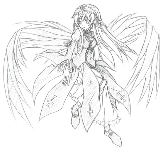 suigintou, rozen maiden, 00s, 1girl, female focus, flower, footwear flower, greyscale, long sleeves, monochrome, solo