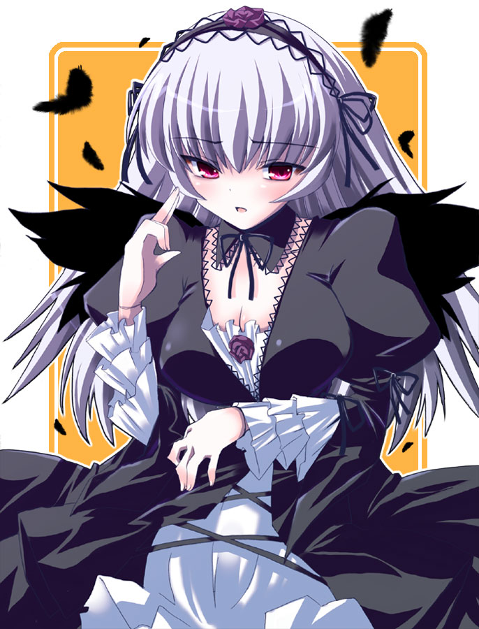 shinshin, suigintou, rozen maiden, silver hair, 00s, 1girl, breasts, cleavage, dress, feathers, female focus, lace, large breasts, mini wings, open mouth, red eyes, ribbon, solo, wings