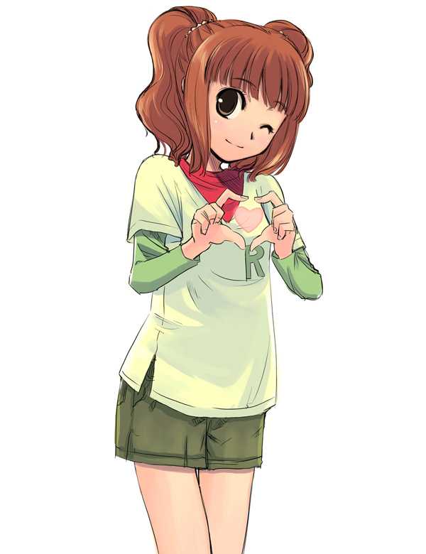 yuu (kfc), takatsuki yayoi, idolmaster, idolmaster (classic), idolmaster 1, 00s, 1girl, brown eyes, brown hair, female focus, four-finger heart hands, head tilt, heart, heart hands, heart in heart hands, one eye closed, smile, solo, twintails
