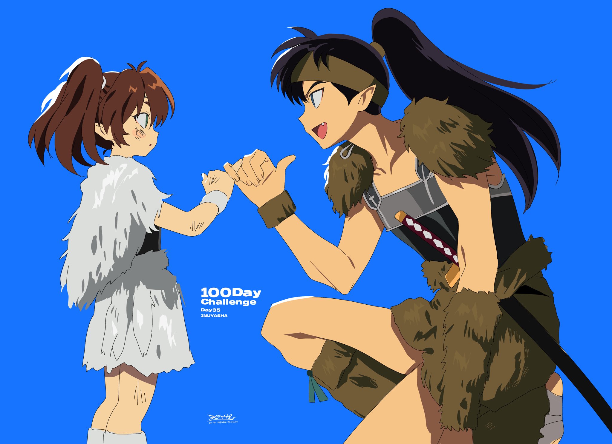 betti (xx betti), inuyasha, highres, armor, black hair, blue background, brown hair, fang, long hair, open mouth, pinky swear, pointy ears, ponytail, simple background, sword, weapon