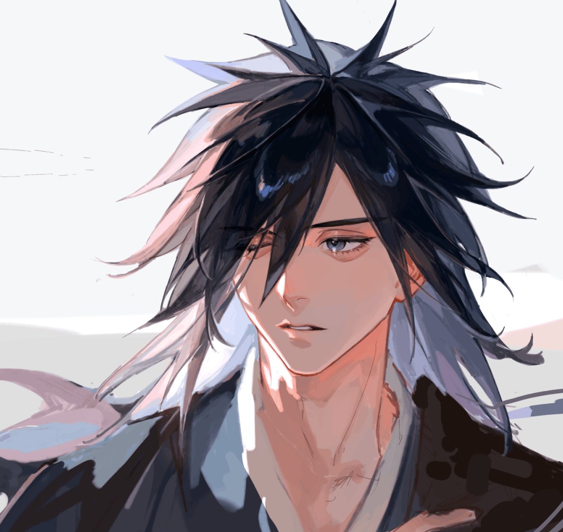 wocao, uchiha madara, naruto (series), 1boy, black hair, black robe, eyelashes, grey eyes, hair between eyes, long hair, looking to the side, male focus, parted bangs, parted lips, robe, sideways glance, solo, teeth, upper body