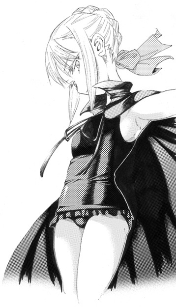 miharu (artist), miharu (ttt), artoria pendragon (fate), saber (fate), fate/stay night, fate (series), frilled swimsuit, 00s, 1girl, armpits, cape, casual one-piece swimsuit, female focus, frills, greyscale, lace, monochrome, one-piece swimsuit, solo, swimsuit