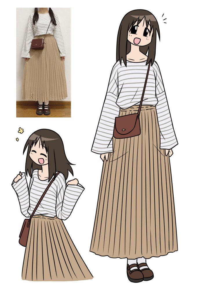 farhan melukis, kasuga ayumu, azumanga daiou, 1girl, ^ ^, bag, black eyes, brown hair, brown skirt, closed eyes, collarbone, empty eyes, fashion, long skirt, looking at viewer, multiple views, open mouth, photo inset, shirt, shoulder bag, simple background, skirt, smile, standing, striped clothes, striped shirt, white background