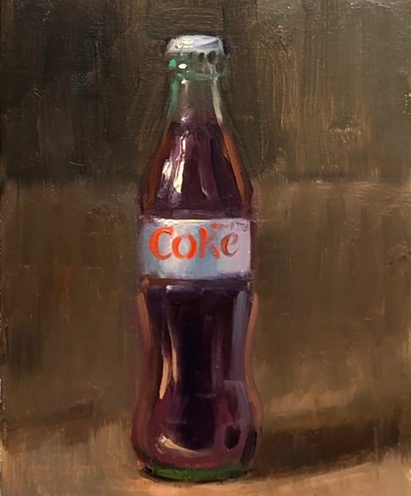 noah verrier, coca-cola, original, commentary, english commentary, highres, oil painting (medium), painting (medium), traditional media, drink, english text, food focus, glass bottle, no humans, painterly, shadow, soda, still life