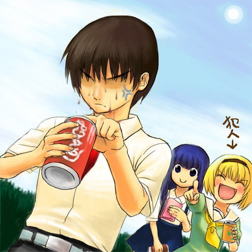 marugari-ita, furude rika, houjou satoko, maebara keiichi, higurashi no naku koro ni, lowres, translated, 00s, 1boy, 2girls, anger vein, blonde hair, multiple girls, prank, skirt, suspender skirt, suspenders