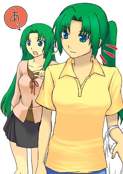 marugari-ita, sonozaki mion, sonozaki shion, higurashi no naku koro ni, 00s, 2girls, green hair, long hair, multiple girls, ponytail, siblings, sisters, twins