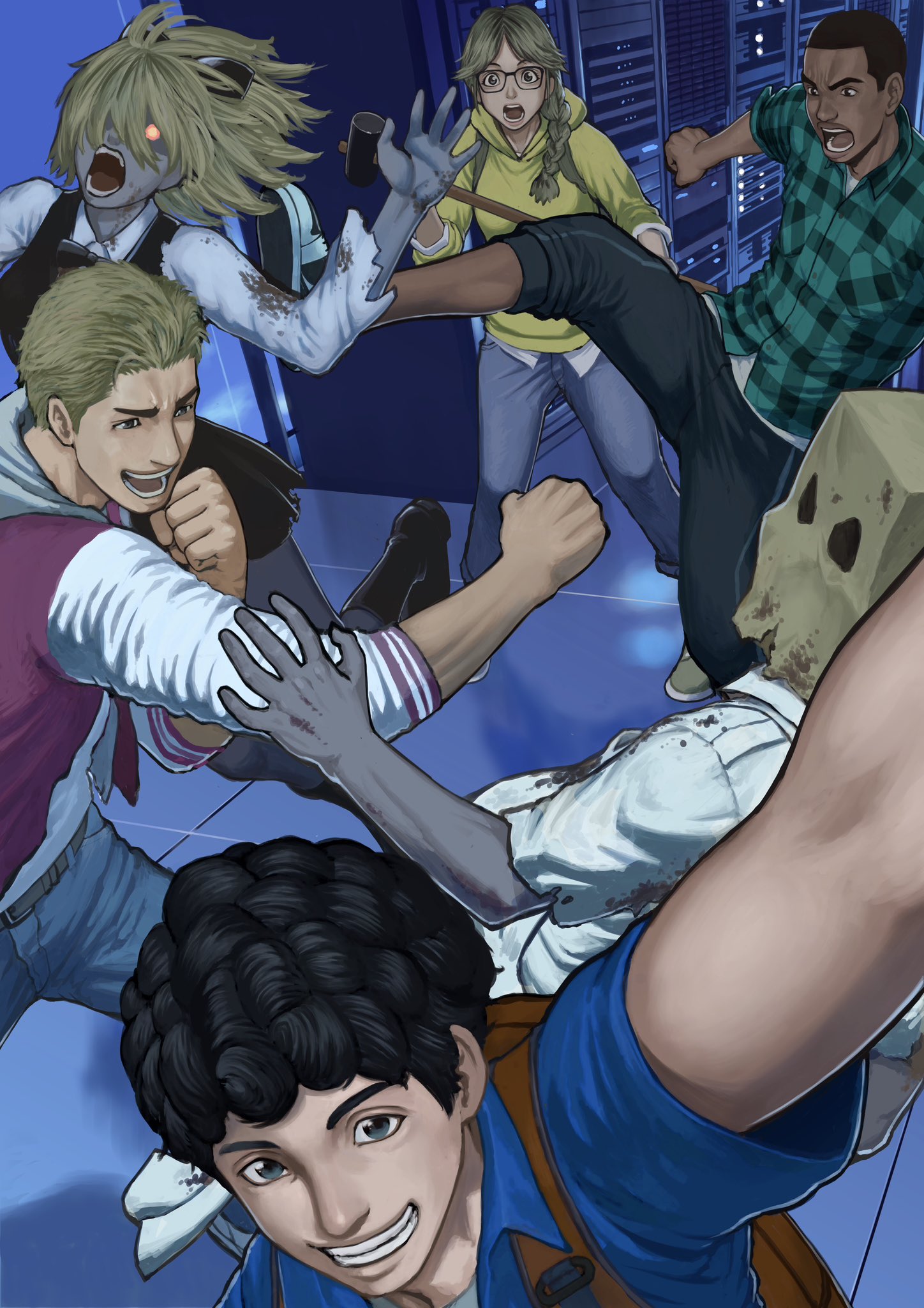 5tatsu, martin sandwich, samuel jordan, tyrone henry, valerie harmon, resident evil, resident evil: resistance, highres, 1girl, 3boys, bag, bag over head, belt, black hair, blonde hair, blue eyes, braid, brown eyes, brown hair, curly hair, dark skin, furrowed brow, glasses, glowing, glowing eye, grin, hair over one eye, hair over shoulder, hammer, jacket, letterman jacket, long hair, multiple boys, open mouth, paper bag, single braid, sleeves rolled up, smile, teeth, zombie
