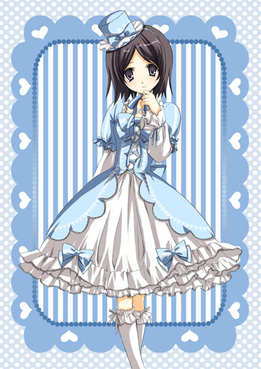 yukiwo, original, striped, 1girl, black hair, blue dress, blue ribbon, bow, dress, female focus, frills, gothic lolita, grey eyes, hat, heart, kneehighs, lolita fashion, mini hat, mini top hat, ribbon, short hair, smile, socks, solo, sweet lolita, top hat, vertical stripes, white socks