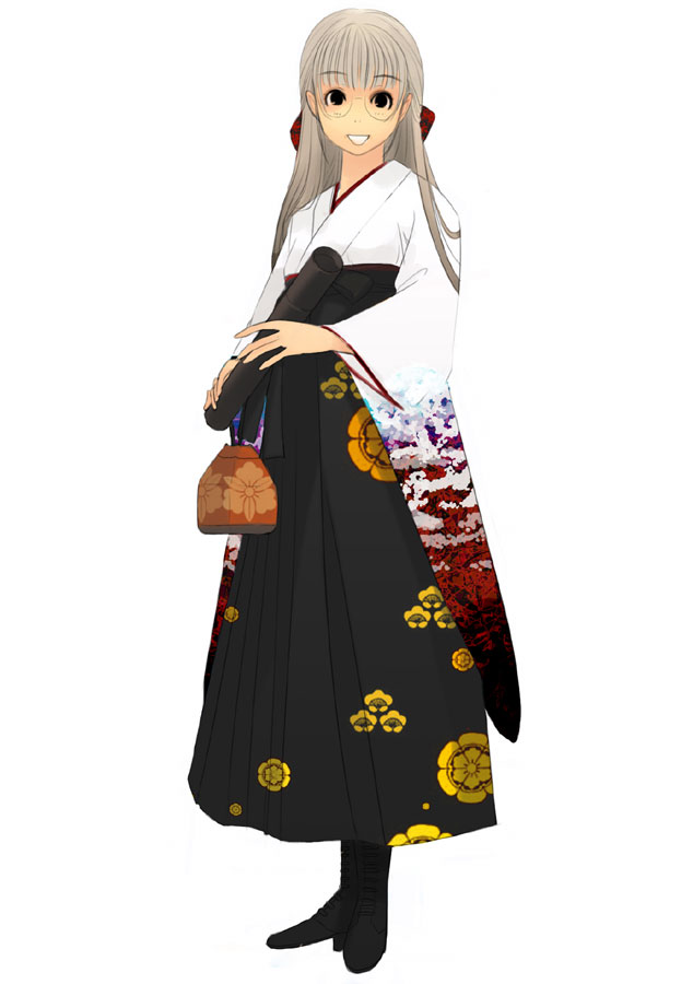 kiriman (souldeep), original, silver hair, 1girl, :d, black boots, black eyes, blunt bangs, boots, diploma, eyelashes, female focus, floral print, full body, glasses, graduation, hair ribbon, hakama, hakama skirt, holding, holding diploma, japanese clothes, kimono, long hair, long sleeves, looking at viewer, meiji schoolgirl uniform, open mouth, purple hair, ribbon, scroll, simple background, skirt, smile, solo, standing, teeth, tube, white background, wide sleeves