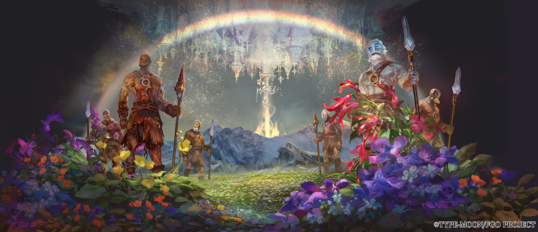 puccapucca02, fate/grand order, fate (series), highres, official art, castle, company name, copyright name, copyright notice, field, flower, flower field, giant, gotterdammerung (fate/grand order), holding, holding weapon, mountainous horizon, polearm, rainbow, spear, weapon