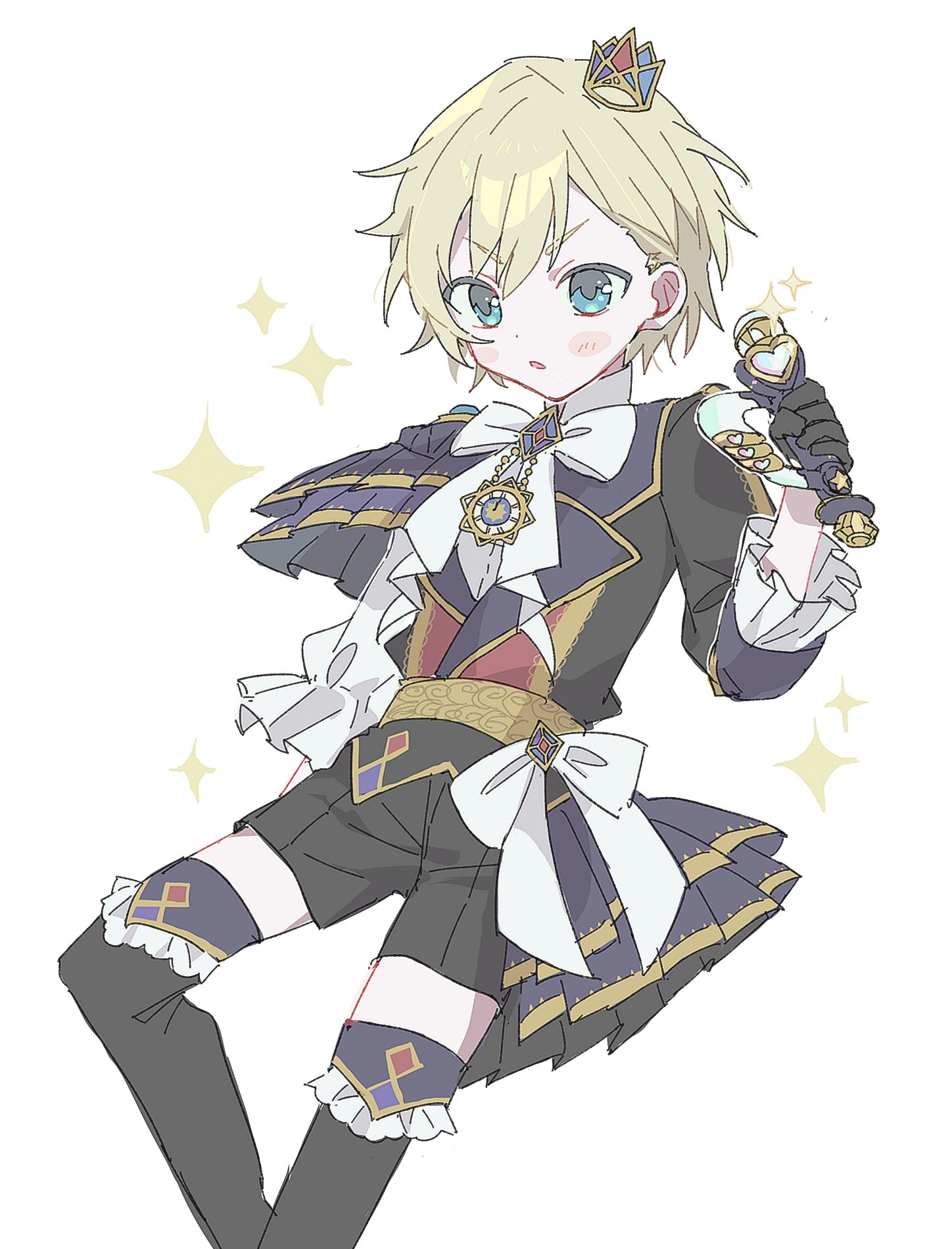 uta (utamilk), yumekawa shogo, idol time pripara, pretty series, pripara, commentary request, highres, 1boy, black jacket, black shorts, blonde hair, blue eyes, boots, feet out of frame, frilled sleeves, frills, holding, holding microphone, idol clothes, jacket, long sleeves, looking at viewer, male focus, microphone, neck ribbon, open mouth, ribbon, short hair, shorts, simple background, solo, sparkle, standing, thigh boots, white background, white ribbon