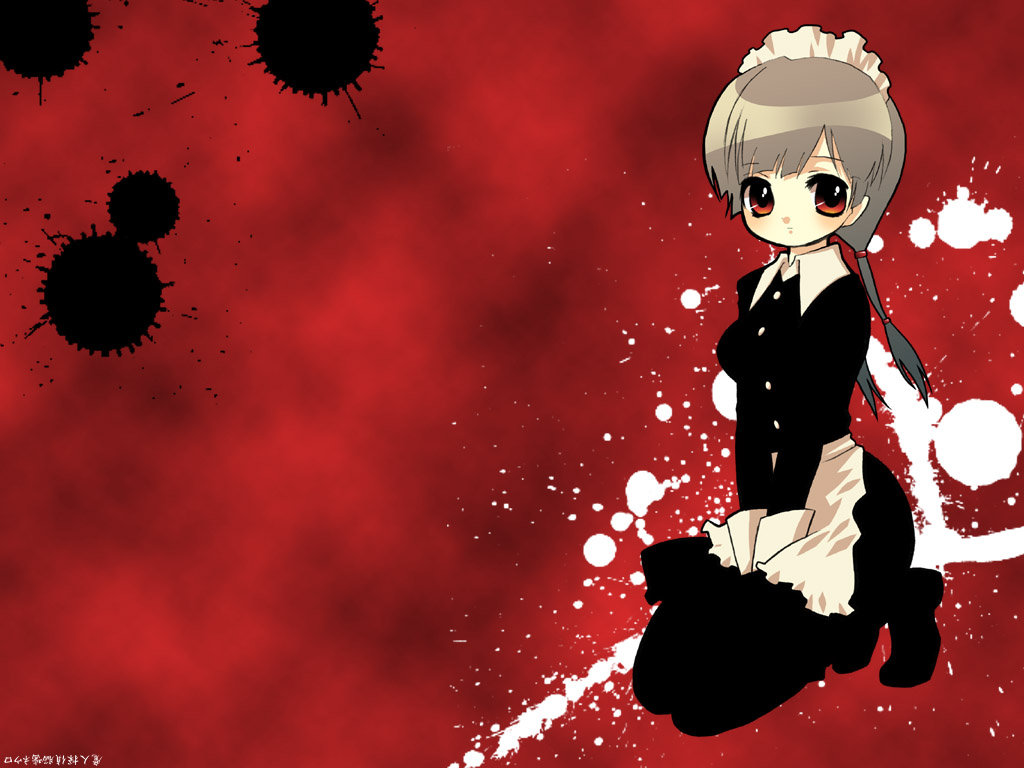 suzuki kokono, original, 1girl, brown hair, female focus, maid, paint splatter, pantyhose, red background, red eyes, solo