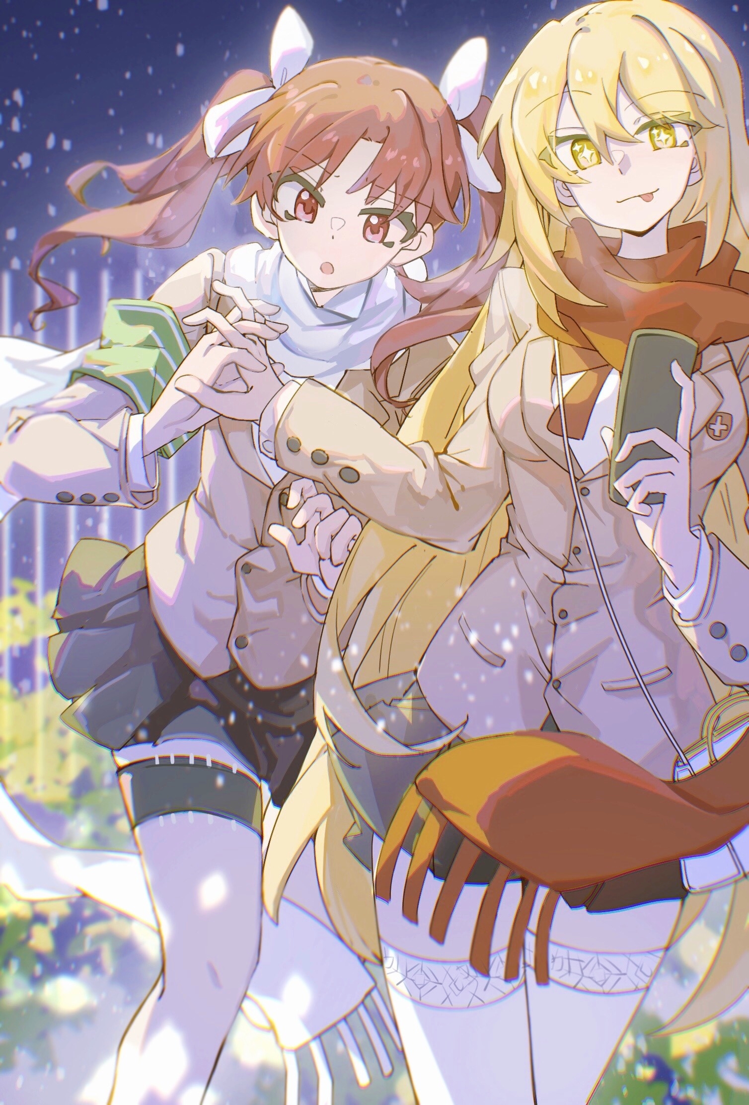 shirai kuroko, shokuhou misaki, toaru kagaku no mental out, toaru kagaku no railgun, toaru majutsu no index, highres, 2girls, :p, blazer, blonde hair, bow, bowtie, brown eyes, brown hair, brown jacket, controller, grey skirt, hair bow, holding, holding hands, holding remote control, holster, interlocked fingers, jacket, long hair, long sleeves, looking at viewer, multiple girls, night, night sky, outdoors, pleated skirt, qia tu, red bow, red bowtie, red ribbon, red scarf, remote control, ribbon, scarf, school emblem, school uniform, skirt, sky, snowing, star-shaped pupils, star (symbol), symbol-shaped pupils, thigh holster, thighhighs, tokiwadai school uniform, tongue, tongue out, twintails, white scarf, white thighhighs, winter, winter uniform, yellow eyes, yuri