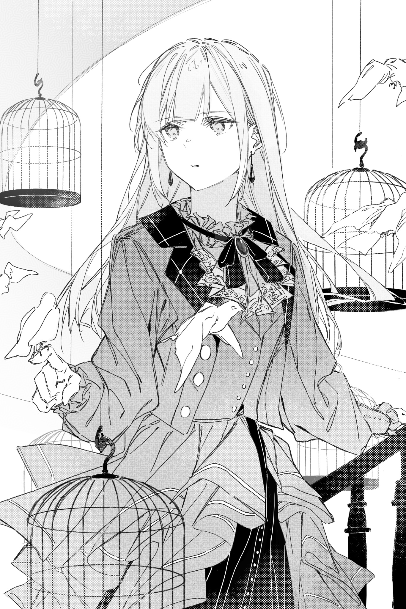 dkl (dinosaurkl2), mortis (bang dream!), mortis (persona) (bang dream!), wakaba mutsumi, bang dream!, bang dream! it's mygo!!!!!, chinese commentary, commentary request, highres, 1girl, bird, birdcage, cage, coat, earrings, greyscale, jewelry, long hair, long sleeves, monochrome, open mouth, railing, solo