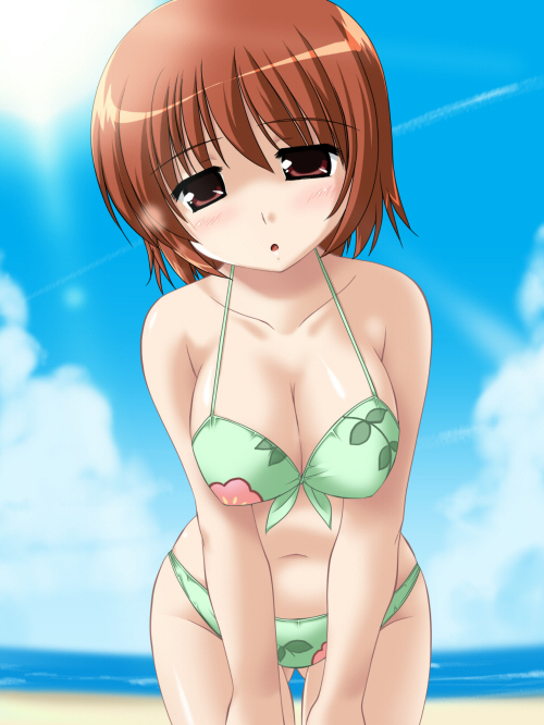 shikato miyo, osaragi hazumu, kashimashi, 00s, 1girl, beach, bikini, blush, breasts, brown eyes, brown hair, cleavage, cloud, day, female focus, front-tie top, genderswap, genderswap (mtf), green bikini, large breasts, leaning forward, open mouth, outdoors, print bikini, short hair, sky, solo, sun, swimsuit, thigh gap, thighs, water