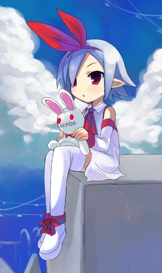 otoutogimi, pleinair, usagi-san, disgaea, original, 1girl, blue hair, boots, detached sleeves, female focus, pointy ears, rabbit, red eyes, ribbon, short hair, solo, thighhighs, white boots