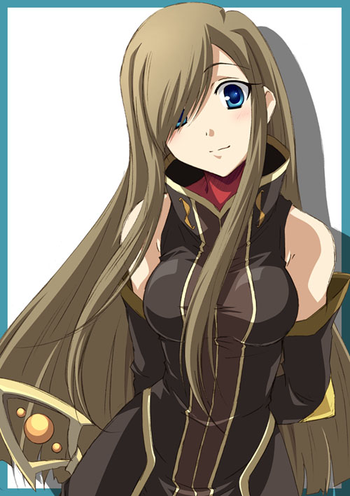 izumi mahiru, tear grants, tales of (series), tales of the abyss, 00s, 1girl, bare shoulders, blue eyes, brown hair, detached sleeves, female focus, hair over one eye, long hair, simple background, solo, white background