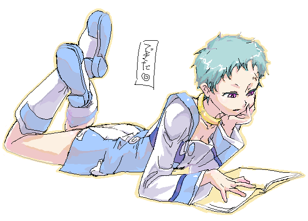 irigomame, eureka (eureka seven), eureka seven, eureka seven (series), uniform, 00s, 1girl, aqua hair, book, boots, breasts, cleavage, collarbone, feet up, female focus, full body, head rest, jewelry, long sleeves, medium breasts, neck ring, open book, paper, pink eyes, reading, short hair, solo, white boots