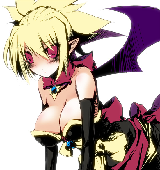 ohta yuichi, outa yuichi, rozalin, disgaea, makai senki disgaea 2, nippon ichi, 1girl, black gloves, blonde hair, blush, bow, breasts, cleavage, dress, elbow gloves, female focus, gloves, gun, large breasts, pointy ears, red eyes, solo, strapless, strapless dress, weapon, wings, yellow bow