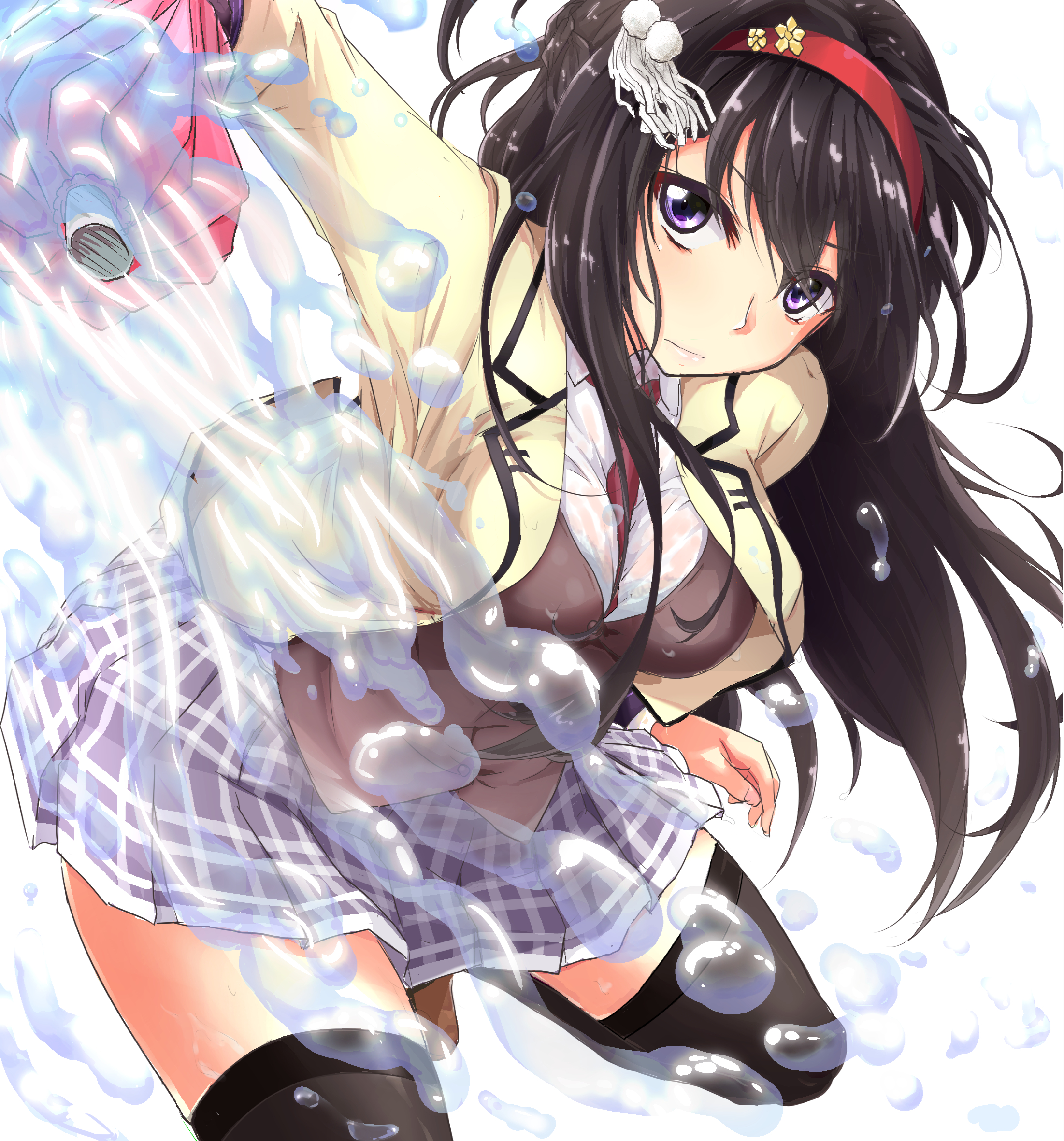 karukan (karukann), nijouin hazuki, riddle joker, commentary request, highres, 1girl, between breasts, black hair, black thighhighs, blush, bra visible through clothes, braid, breasts, brown vest, closed mouth, collared shirt, cowboy shot, dutch angle, eyelashes, fighting stance, floating hair, foot out of frame, grey skirt, hair ornament, hairband, half up braid, holding, holding umbrella, hydrokinesis, jacket, kikka academy school uniform, large breasts, leaning forward, lips, long hair, long sleeves, looking at viewer, miniskirt, necktie, necktie between breasts, open clothes, open jacket, pink umbrella, plaid clothes, plaid skirt, pleated skirt, purple eyes, red hairband, red necktie, school uniform, see-through clothes, see-through shirt, serious, shirt, simple background, skirt, solo, standing, standing on one leg, straight hair, tassel, tassel hair ornament, thighhighs, thighs, umbrella, upturned eyes, v-shaped eyebrows, vest, water, water drop, wet, wet clothes, wet shirt, white background, white shirt, yellow jacket, zettai ryouiki