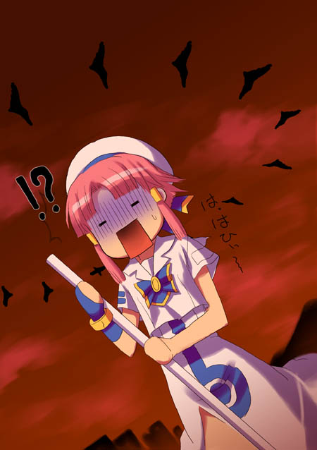 zono (rinkara-sou), mizunashi akari, aria (manga), !?, 00s, 1girl, blouse, bow, female focus, hat, open mouth, pink hair, ribbon, shirt, short hair with long locks, solo, sweatdrop, twintails, white shirt