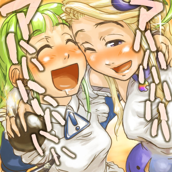 me-tan, os9, os-tan, 2girls, blonde hair, bomb, explosive, laughing, multiple girls