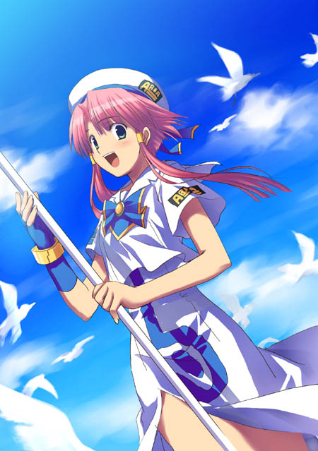 zono (rinkara-sou), mizunashi akari, aria (manga), 00s, 1girl, bird, blouse, blue eyes, cloud, day, female focus, fingerless gloves, gloves, hat, oar, pink hair, seagull, shirt, short hair with long locks, sidelocks, single glove, sky, solo, twintails, white shirt