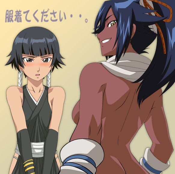 isse, shihouin yoruichi, sui-feng, bleach, translated, 00s, 2girls, back, black hair, blue hair, blush, breasts, butt crack, dark-skinned female, dark skin, from behind, gloves, looking back, medium breasts, multiple girls, naughty face, nude, ponytail, sideboob, small breasts, twintails, yellow eyes