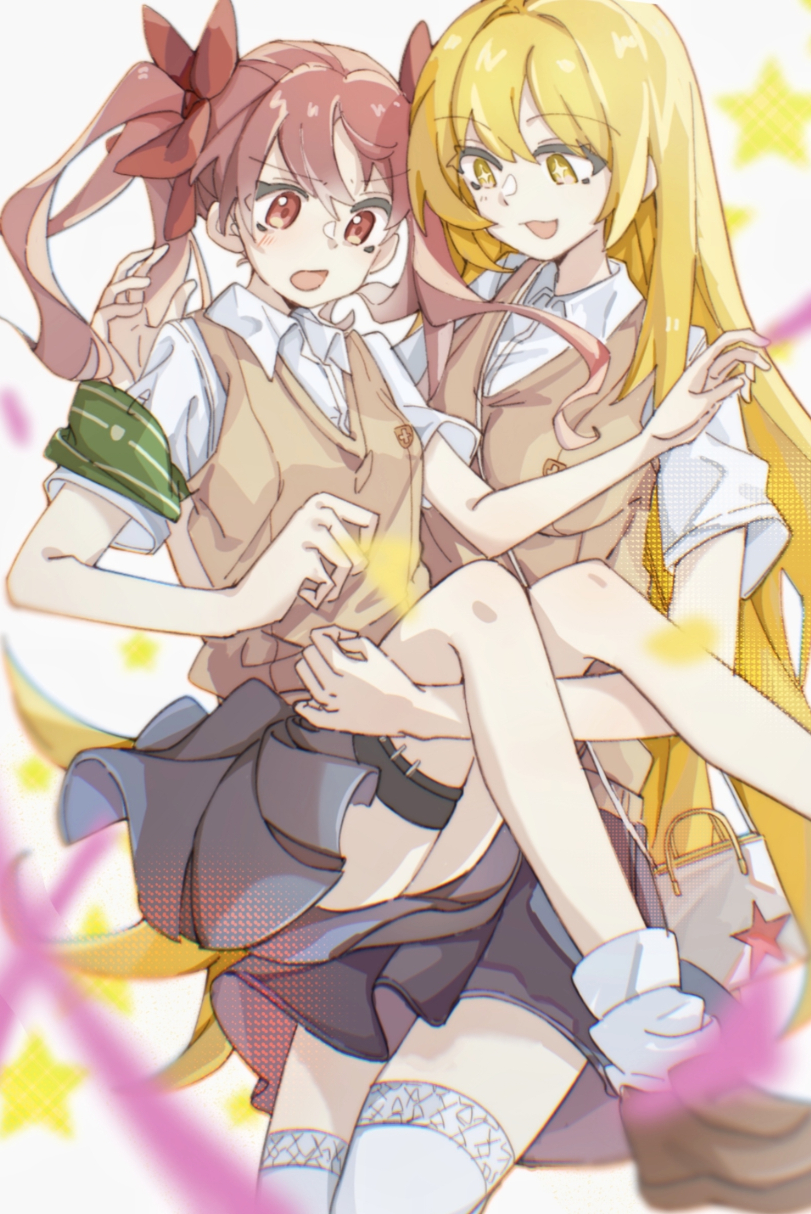 shirai kuroko, shokuhou misaki, toaru kagaku no mental out, toaru kagaku no railgun, toaru majutsu no index, highres, 2girls, blonde hair, bow, brown eyes, brown hair, brown sweater vest, carrying, collared shirt, grey skirt, hair bow, holster, judgement armband (toaru), loafers, long hair, miniskirt, multiple girls, open mouth, pleated skirt, princess carry, qia tu, red bow, school emblem, school uniform, shirt, shoes, short sleeves, simple background, skirt, smile, star-shaped pupils, star (symbol), summer uniform, surprised, sweater vest, symbol-shaped pupils, thigh holster, tokiwadai school uniform, twintails, v-neck, white shirt, yellow eyes, yuri