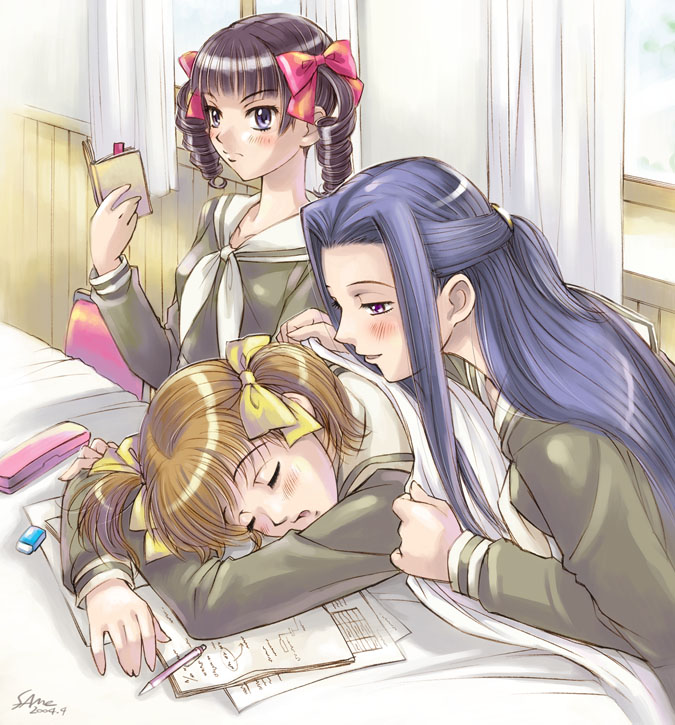 sameha ikuya, fukuzawa yumi, hosokawa kanako, matsudaira touko, maria-sama ga miteru, 00s, 2004, 3girls, black hair, blanket, blush, brown hair, classroom, covering with blanket, dated, drill hair, half updo, indoors, long hair, multiple girls, notebook, pen, school, school uniform, serafuku, short hair, sleeping, table, twintails, very long hair, window, yuri