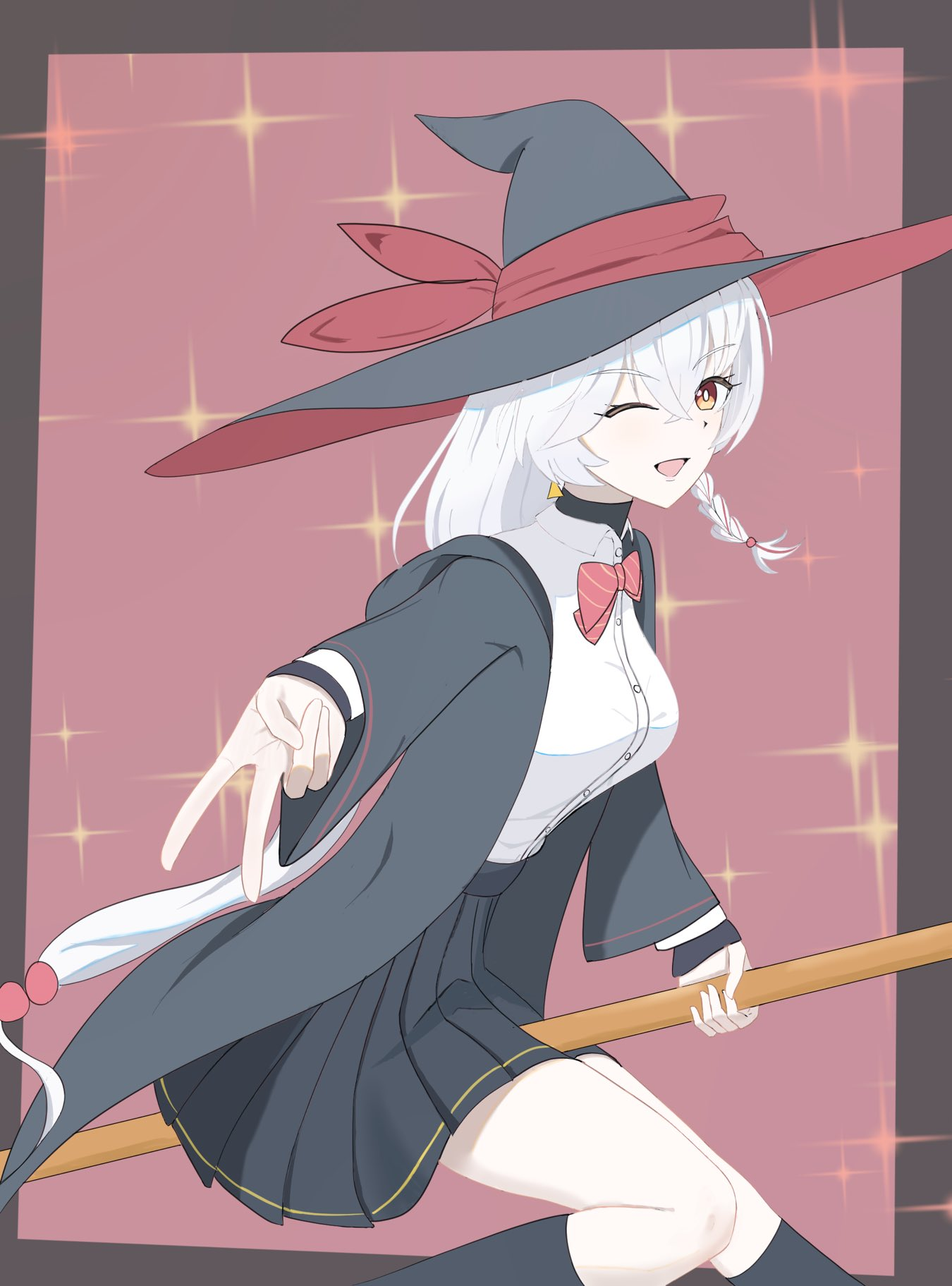 eri (blue archive), blue archive, bow, bowtie, braid, broom, broom riding, broomstick, halo, hat, jacket, long coat, long hair, shirt, skirt, sparkle, sweater, v, white hair, witch hat